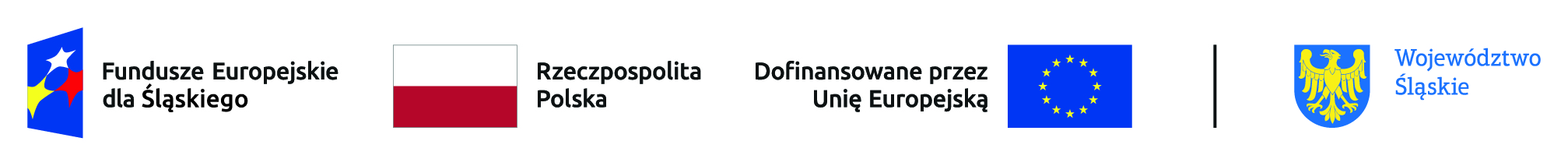 Pełny zestaw logotypów dla projektów realizowanych w programie Fundusze Europejskie dla Śląskiego 2021-2027: pierwszy od lewej to logotyp programu Fundusze Europejskie dla śląskiego, następnie flaga Polski, logotyp Unii Europejskiej z opisem dofinansowane przez Unię Europejską, po prawej herb województwa śląskiego 