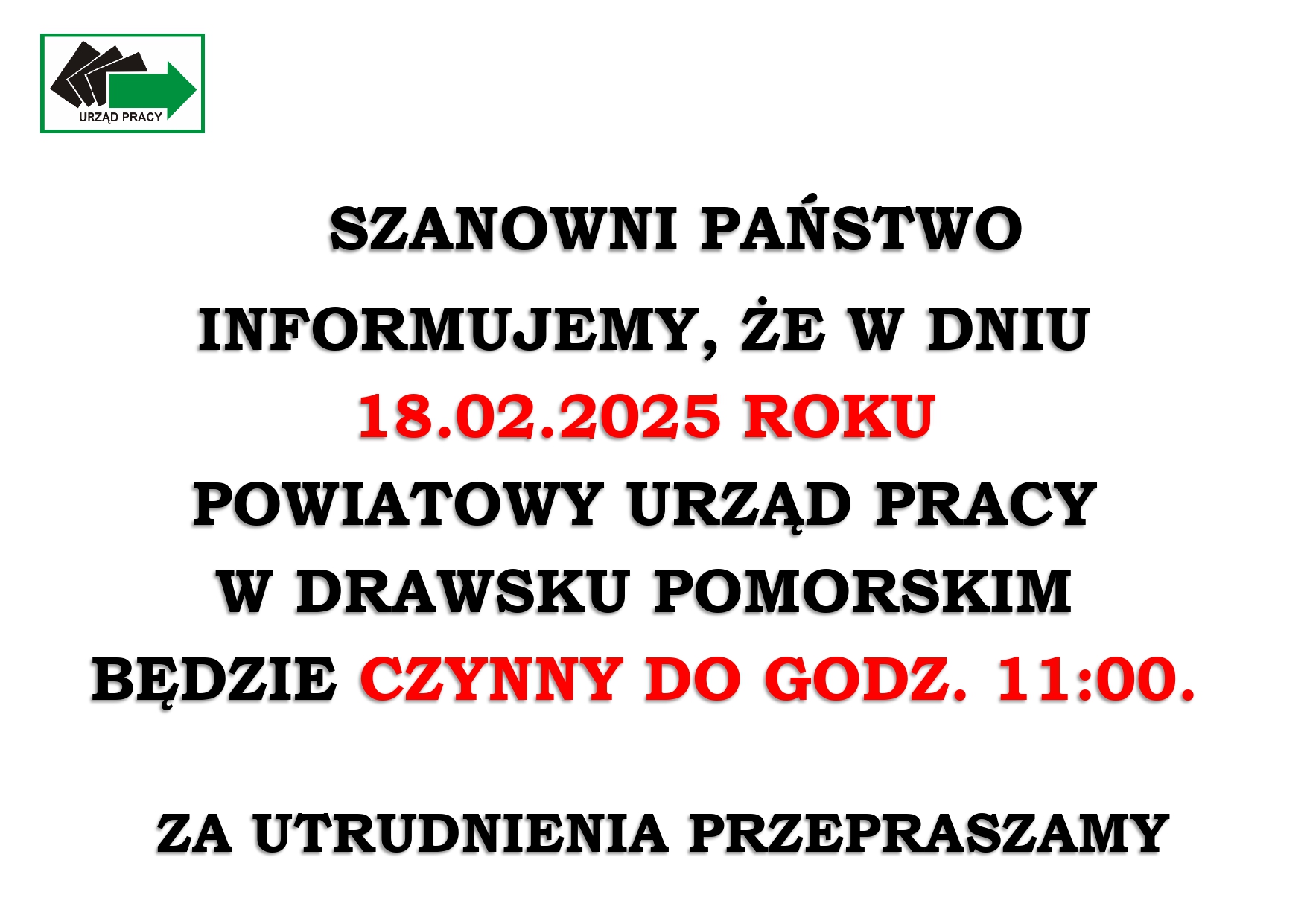 Zdjęcie artykułu Skrócony czas Pracy Urzędu dnia 18.02.2015r.